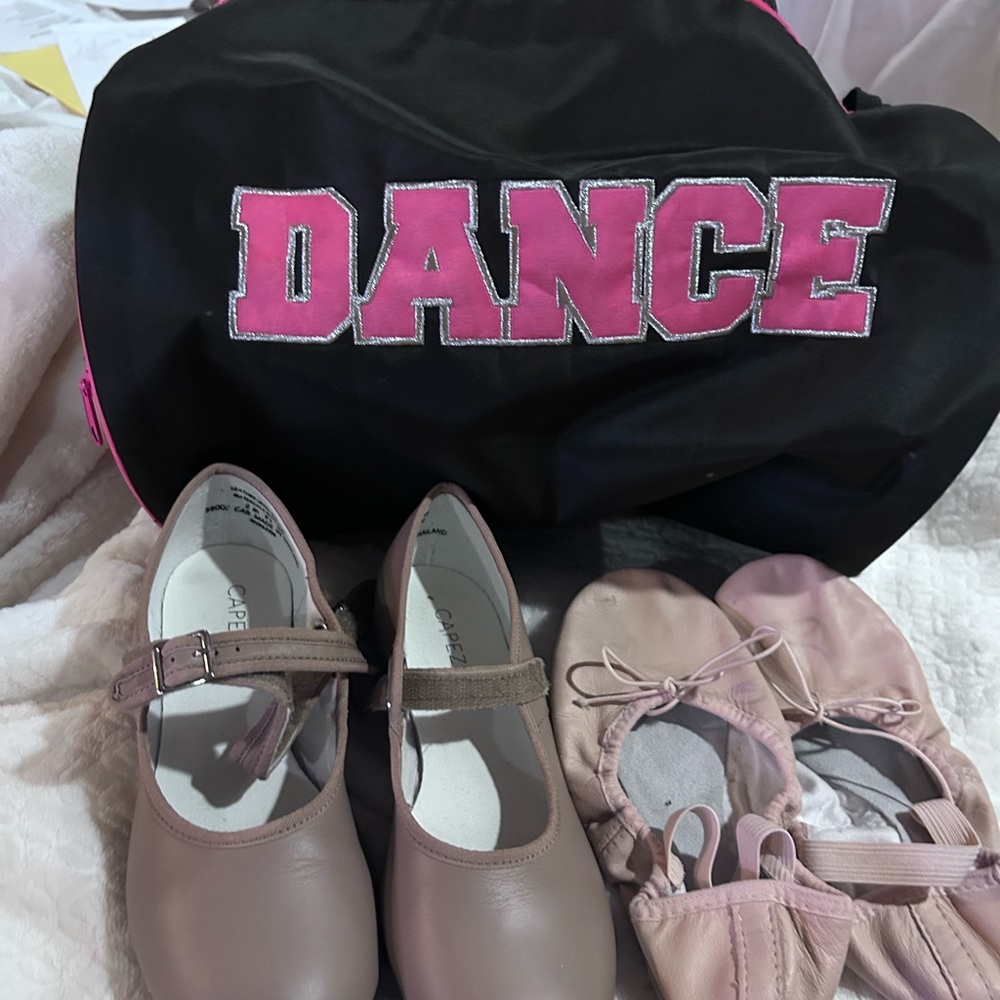 Size 2 ballet shoes - size 2 tap shoes- dance bag-excellent shape / $120. Value